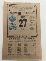 27 EKİM 1992 SALI GÜNÜNE AİT TAKVİM YAPRAGI