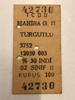 TCDD  MANİSA TURGUTLU 2 MEVKİ 0 İNDİRİMLİ TREN BİLETİ 100 KURUŞ