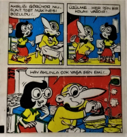 TİPİTİP SAKIZ VE CİKLET İÇERSİNDEN CIKAN YAĞLI KAGIT TÜRÜNDE RENKLİ TİFDRUK BASKI İLE KONULU MİZANSEN KARİKATÜR