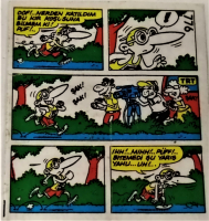 TİPİTİP SAKIZ VE CİKLET İÇERSİNDEN CIKAN YAĞLI KAGIT TÜRÜNDE RENKLİ TİFDRUK BASKI İLE KONULU MİZANSEN KARİKATÜR