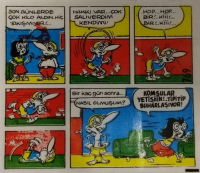 TİPİTİP SAKIZ VE CİKLET İÇERSİNDEN CIKAN YAĞLI KAGIT TÜRÜNDE RENKLİ TİFDRUK BASKI İLE KONULU MİZANSEN KARİKATÜR