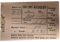 ERGENE AKBULUT OTOBUS İŞLETMELERİ YOLCU BİLETİ 100 TL  21/07/1977 TARİHİNDE KESİLMİŞ  21 VE 22 NUMARALI KOLTUK