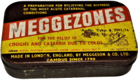 1960 MEGGEZONES PASTILLES MEDICINE TIN BOX WITH GREEK ADVERTISEMENT ENGLAND TENEKE PASTİL KUTUSU