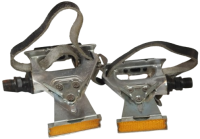 1980 SHIMANO PD-A550 (K20425) JAPAN ÇİFT PEDAL - REFLEKTÖRLÜ + ORİJİNAL DERİ TOE-CLIP KAYIŞLI KOLEKSİYONLUK