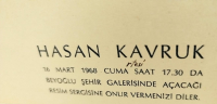 1968 HASAN KAVRUK BEYOĞLU ŞEHİR GALERİSİ RESİM SERGİSİ ORİJİNAL EFEMERA DAVETİYESİ