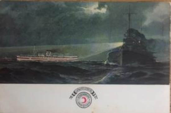 OSMANLI HİLALİAHMER KIZILAY KARTPOSTAL YARDIM GEMİSİNE IŞIK TUTAN SAVAŞ GEMİSİ ARKASI OSMANLI YAZILI