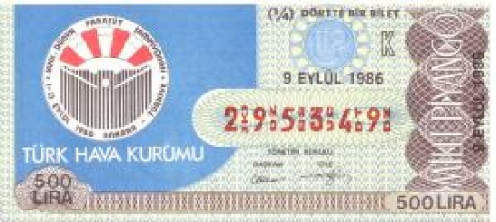MİLLİ PİYANGO BİLET 500 LİRA TÜRK HAVA KURUMU DÜNYA PARAŞÜT ŞAMPİYONASI 1-13-EYLÜL 1986 295349 9 EYLÜL 1986 ÇEKİLİŞ DÖRTTE BİR BİLET 