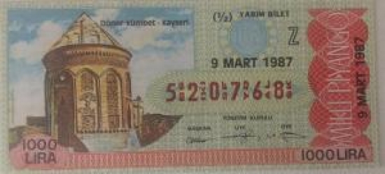MİLLİ PİYANGO BİLETİ 9 MART 1987 YARIM BİLET 1000 TL  