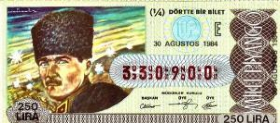 MİLLİ PİYANGO ÇEYREK BİLET 250 LİRA 330900 SERİ NO 30 AĞUSTOS 1984 ÇEKİLİŞİ 