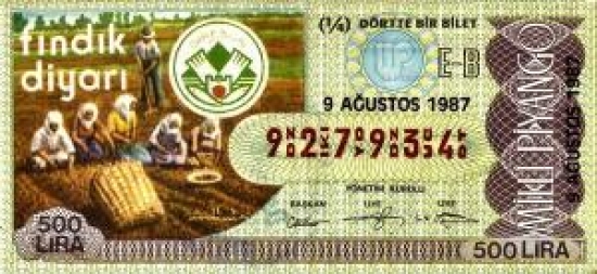 MİLLİ PİYANGO ÇEYREK BİLET 500 LİRA 927934 SERİ NO 9 AĞUSTOS 1987 ÇEKİLİŞİ 