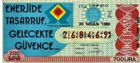 MİLLİ PİYANGO ÇEYREK BİLET 700 LİRA 268469 SERİ NO 30 NİSAN 1986 ÇEKİLİŞİ 