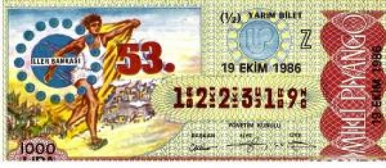 MİLLİ PİYANGO YARIM BİLET 1000 LİRA 122319 SERİ NO 19 EKİM 1986 ÇEKİLİŞİ 