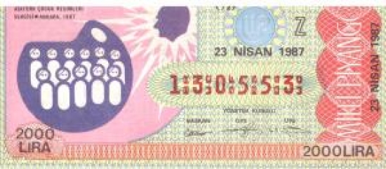 MİLLİ PİYANGO YARIM BİLET 130553 SERİ NO 23 NİSAN 1987 ÇEKİLİŞİ 3.ULUSLARARASI ATATÜRK ÇOCUK RESİMLERİ SERGİSİ ANKARA 1987 