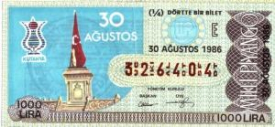 MİLLİ PİYANGO ÇEYREK BİLET 1000 LİRA 326404 SERİ NOLU 30 AĞUSTOS 1986 ÇEKİLİŞİ 