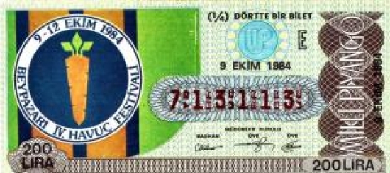 MİLLİ PİYANGO ÇEYREK BİLET 200 LİRA 713113 SERİ NOLU 9 EKİM 1984 ÇEKİLİŞİ 