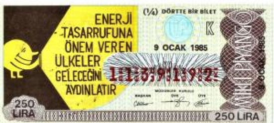 MİLLİ PİYANGO ÇEYREK BİLET 250 LİRA 1139192 SERİ NO 9 OCAK 1985 ÇEKİLİŞİ 