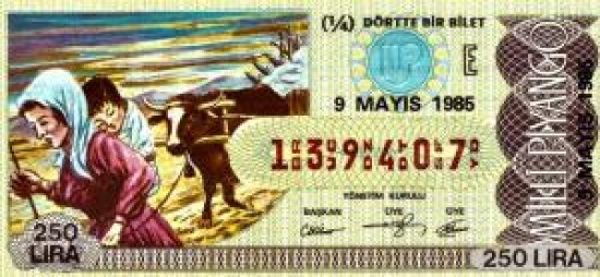 MİLLİ PİYANGO ÇEYREK BİLET 250 LİRA 139407 SERİ NOLU 9 MAYIS 1985 ÇEKİLİŞİ 