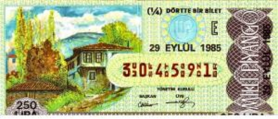 MİLLİ PİYANGO ÇEYREK BİLET 250 LİRA 304591 SERİ NO 29 EYLÜL 1985 ÇEKİLİŞİ 