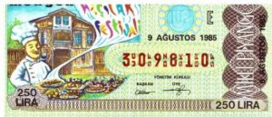 MİLLİ PİYANGO ÇEYREK BİLET 250 LİRA 309810 SERİ NO 9 AĞUSTOS 1985 ÇEKİLİŞİ 
