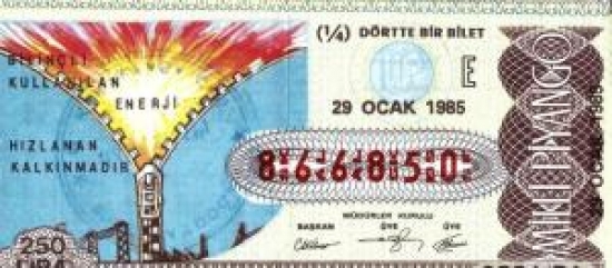 MİLLİ PİYANGO ÇEYREK BİLET 250 LİRA 866850 SERİ NO 29 OCAK 1985 ÇEKİLİŞİ 