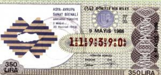 MİLLİ PİYANGO ÇEYREK BİLET 350 LİRA 119390 SERİ NOLU 9 MAYIS 1986 ÇEKİLİŞİ 
