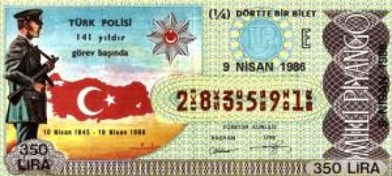 MİLLİ PİYANGO ÇEYREK BİLET 350 LİRA 283591 SERİ NOLU 9 NİSAN 1986 ÇEKİLİŞİ 