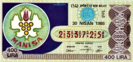 MİLLİ PİYANGO ÇEYREK BİLET 400 LİRA 233725 SERİ NO 30 NİSAN 1985 ÇEKİLİŞİ 