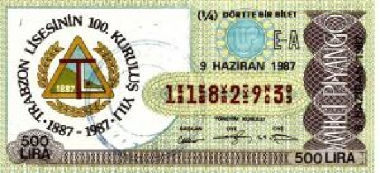 MİLLİ PİYANGO ÇEYREK BİLET 500 LİRA 118293 SERİ NO 9 HAZİRAN 1987 ÇEKİLİŞİ 