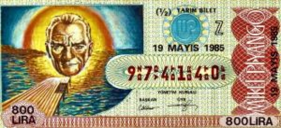 MİLLİ PİYANGO ÇEYREK BİLET 800 LİRA 974140 SERİ NOLU 19 MAYIS 1985 ÇEKİLİŞİ 