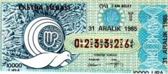 MİLLİ PİYANGO TAM BİLET 10000 LİRA 023326 SERİ NO 31 ARALIK 1985 ÇEKİLİŞİ 