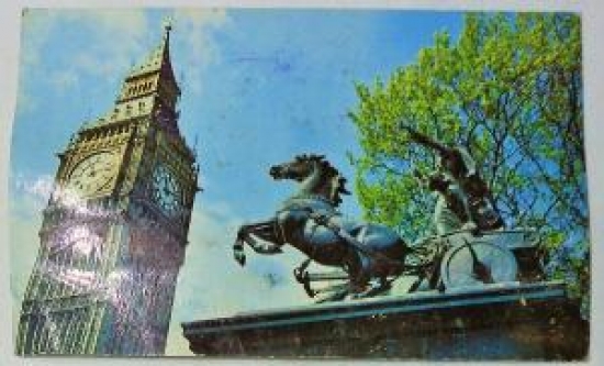 TEBRİK KARTI BİG BEN AND BOADİCEA STATUE  LONDON TEMALI ARKASI YAZILI POSTADAN GECMİŞ