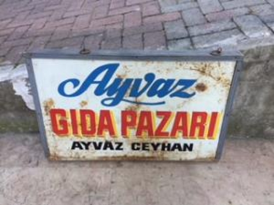 AYVAZ GIDA PAZARI BAKKAL TABELASI TENEKE ÇİFT TARAFLI EL ÇİZİM AYVAZ CEYHAN 