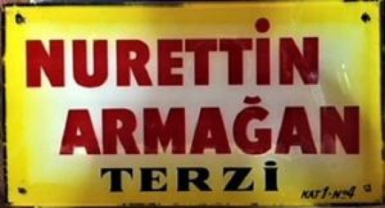 CAM ALTI TERZİ NURETTİN ARMAĞAN DUKKAN REKLAM TABELASI ASMALI MODEL KOMPLE EL BOYAMA 