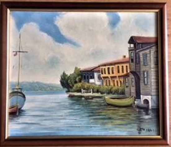 TUAL ÜZERİ DENİZ BOĞAZDA YALI YAĞLI BOYA CENK ŞALLI İMZALI 