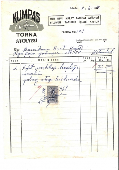 1967  İSTANBULDA KUMPAS TORNA KESİLMİŞ 35 LİRALIK FATURA