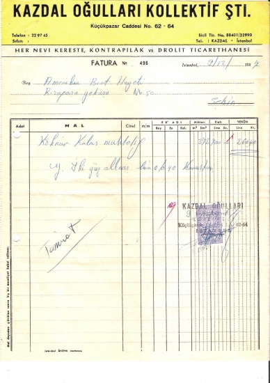 1967  İSTANBULDA KAZDAL KESİLMİŞ 260.40 LİRALIK FATURA