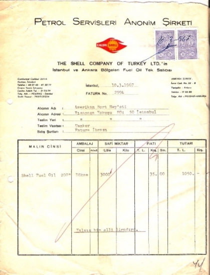 1967 İSTANBULDA PETROL SHELL KESİLMİŞ 1050 LİRALIK  FATURA