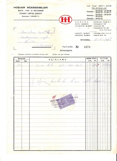 1967 İSTANBULDA HOŞVER MUESSESELERİ HIRDAVAT KESİLMİŞ 142.50 LİRALIK FATURA