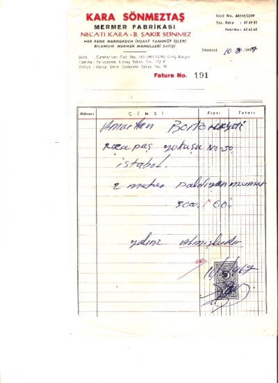 1967 İSTANBULDA KARA MERMERTAŞ MERMERCİ KESİLMİŞ 60 LİRALIK  FATURA