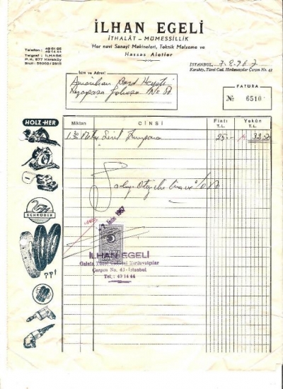  1967 İSTANBULDA İLHAN EGELİ KESİLMİŞ 32.50 LİRALIK FATURA