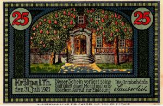 ALMAN NOTGELD KAĞIT PARA ALMANYA TÜRİNGEN KASABASI 25 PFENNİG 31.07.1921 