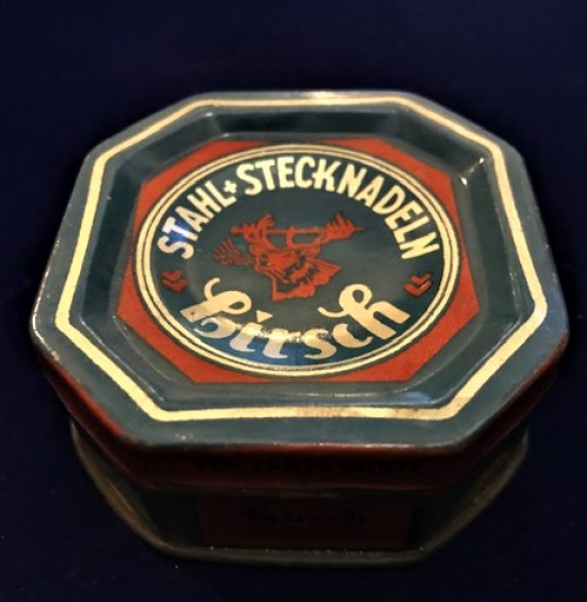 TENEKE KAPAKLI ALTI KÖŞELİ CELİK PİM İGNE KUTUSU HIRSCH STAHL-STECKNADELN 