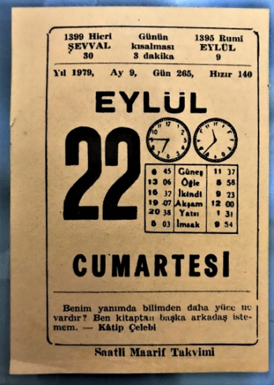 1979 YILI 22 EYLÜL CUMARTESİ GÜNÜ TAKVİM YAPRAGI