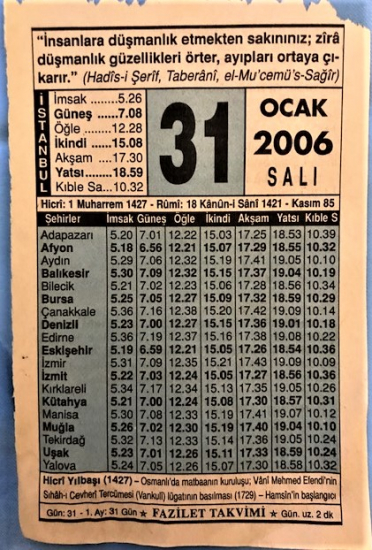 31 OCAK  2006 SALI GÜNÜNE AİT TAKVİM YAPRAGI