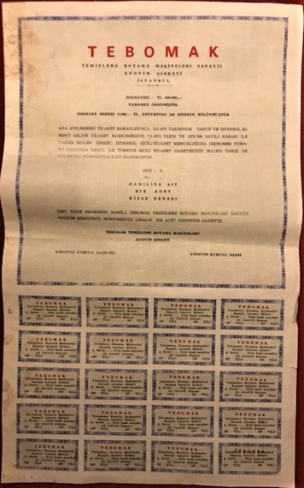 TEBOMAK  HAMİLİNE AİT BİR ADET HİSSE SENEDİ  2500 TL DEGERİNDE