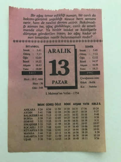 13 ARALIK 1992 PAZAR GÜNÜNE AİT TAKVİM YAPRAGI