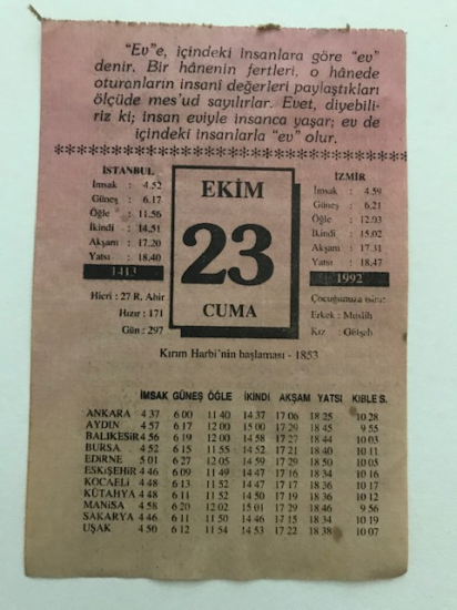 23 EKİM 1992 CUMA GÜNÜNE AİT TAKVİM YAPRAGI