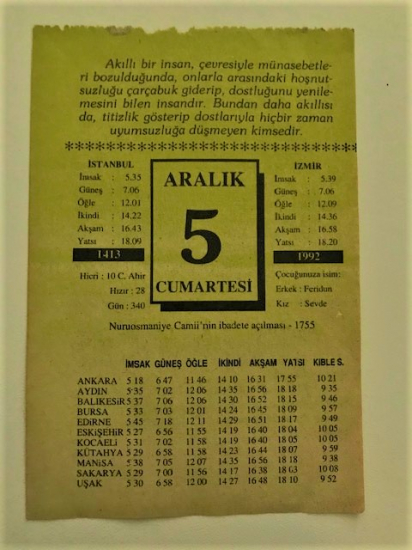 5 ARALIK 1992 CUMARTESİ GÜNÜNE AİT TAKVİM YAPRAGI