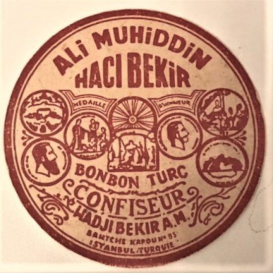 1930 ALİ MÜHİDDİN HACI BEKİR BON BON TURC CONFISEUR HADJI BEKİR A.M KARTON ETİKET 8 CM CAP