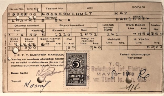 MAYIS 1968 BAKIRKÖY DELİKLİ KARTON ÖDENMİŞ PULLU ELEKTİRİK MAKBUZU 